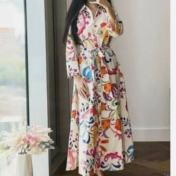 ZARA OFF WHITE IVORY MULTI FLORAL PRINT COTTON MIDI DRESS - Picture 4 of 12